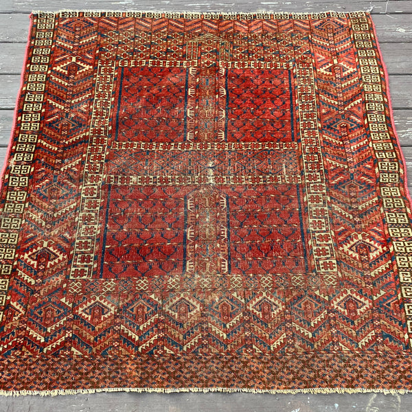 Antique Rug, 4' 1 x 4' 3 Red Orange