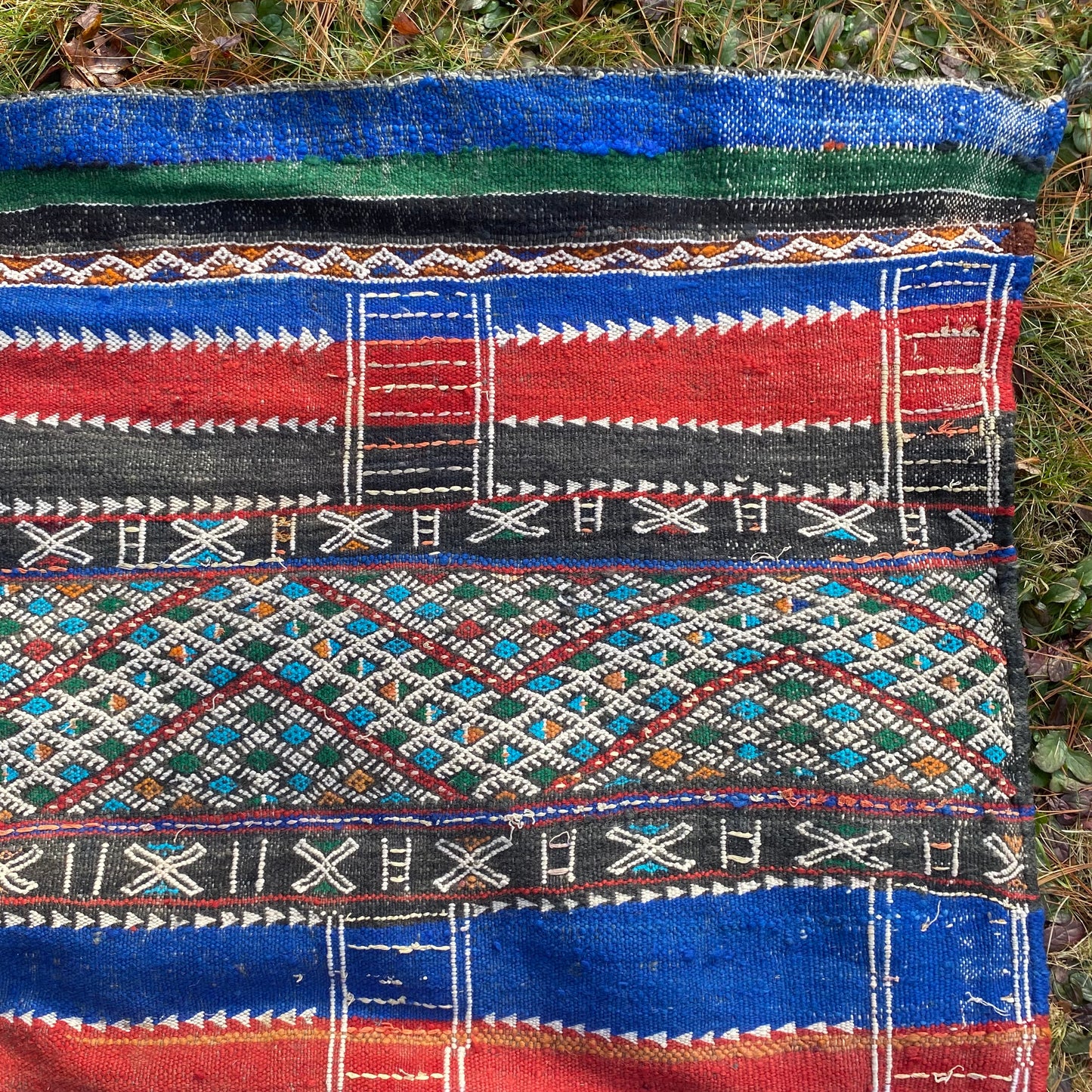 Afghan Flatweave Rug, 5' 10 x 13' 3 Vintage Blue - Jessie's Oriental Rugs