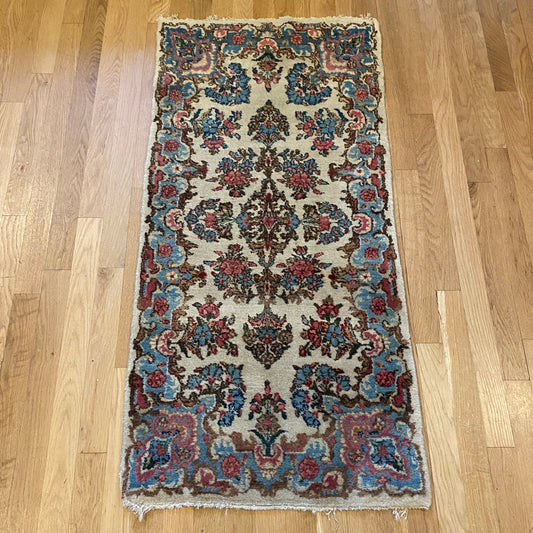 Persian Kerman Rug, 2' x 4' 1 White Vintage