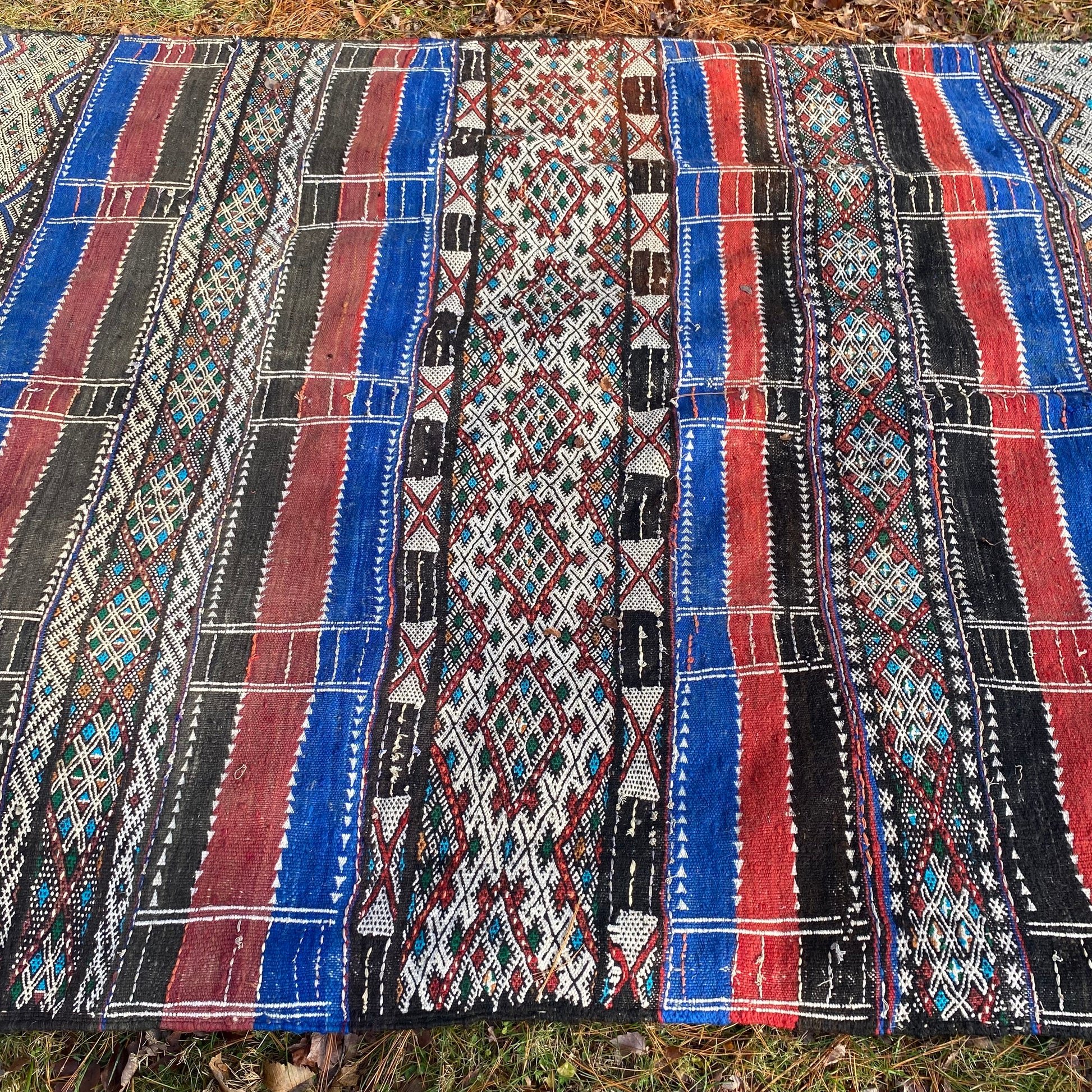 Afghan Flatweave Rug, 5' 10 x 13' 3 Vintage Blue - Jessie's Oriental Rugs