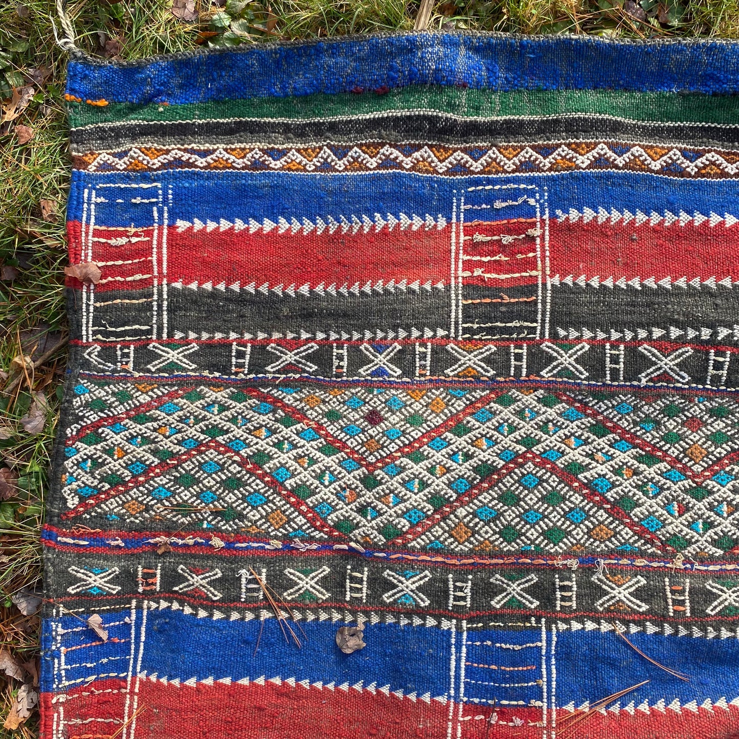 Afghan Flatweave Rug, 5' 10 x 13' 3 Vintage Blue - Jessie's Oriental Rugs