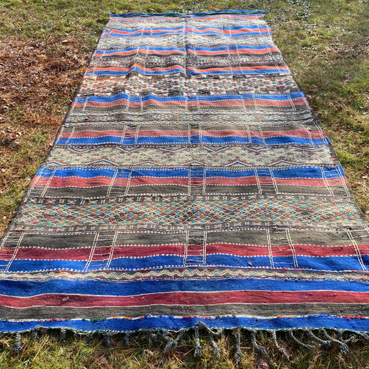 Afghan Flatweave Rug, 5' 10 x 13' 3 Vintage Blue - Jessie's Oriental Rugs
