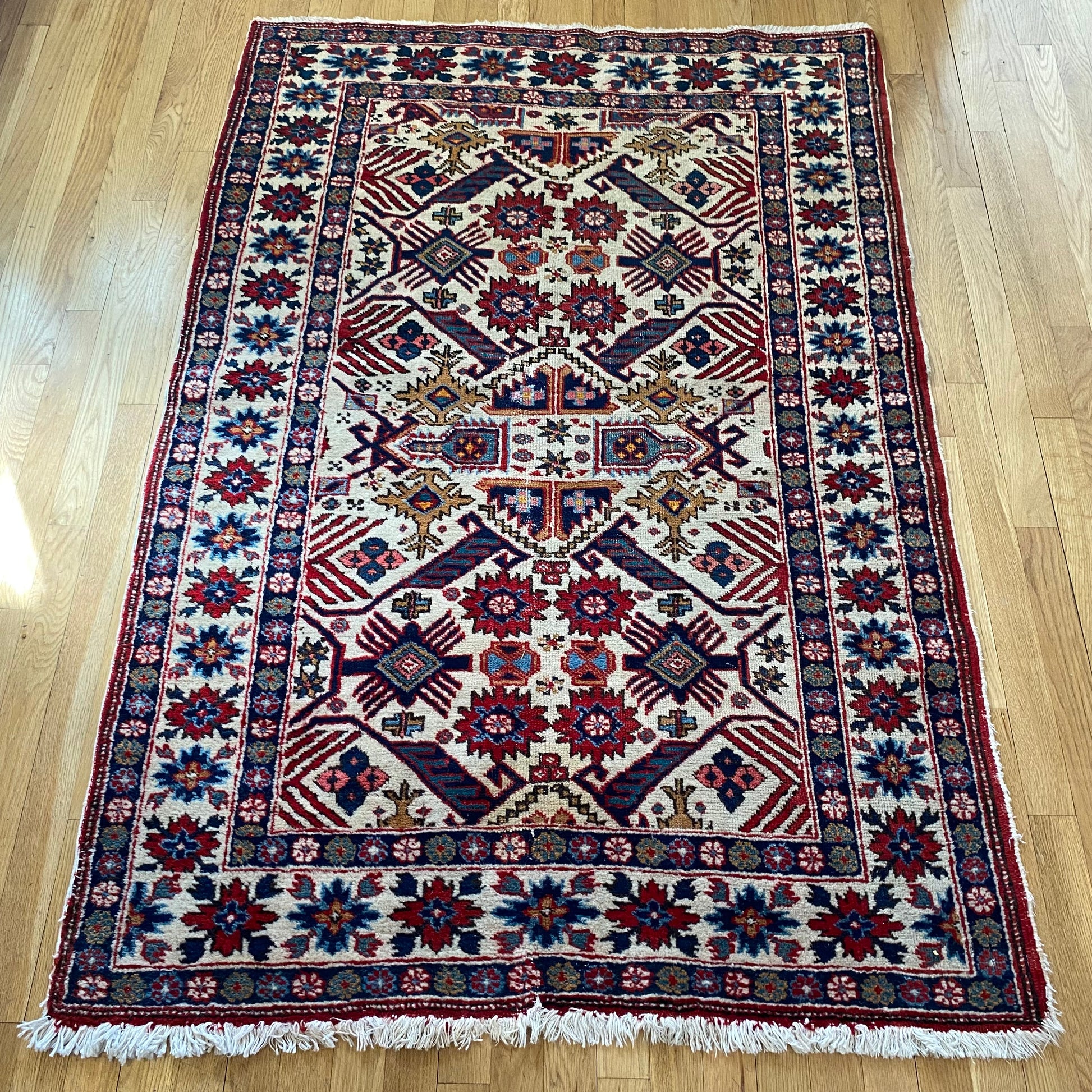 Caucasian Bidjov Rug, 3' 8 x 5' 7 Vintage White - Jessie's Oriental Rugs