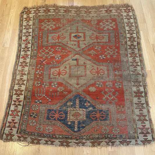 Antique Rug, 3' 9 x 4' 4 Red Orange